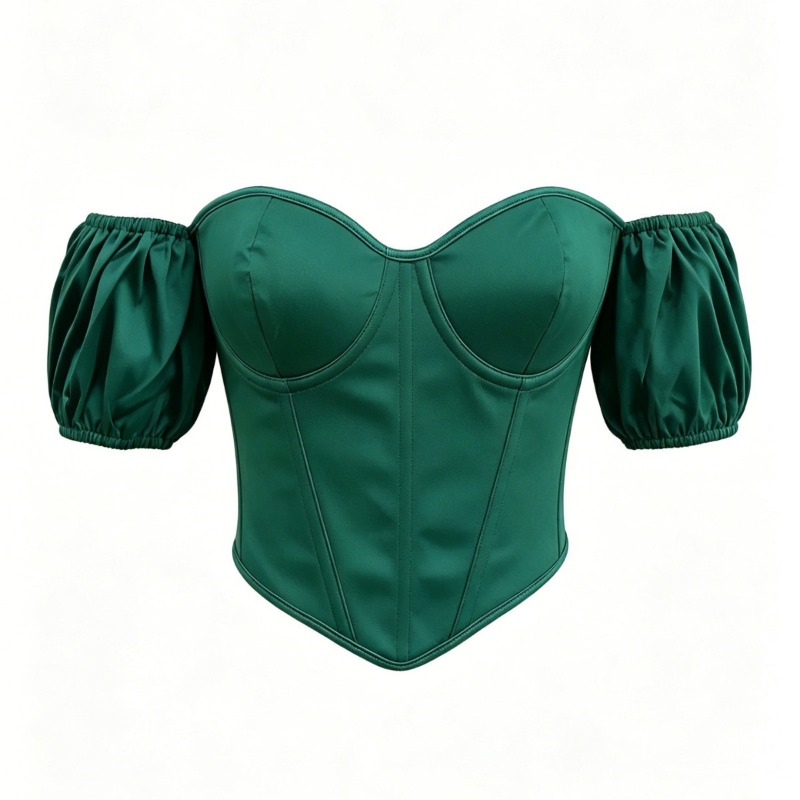 섹시한 그린 새틴 코르셋 탑, 짧은 소매, 푸쉬업 뷔스 - Boning Corset Steel 리뷰 및 가격